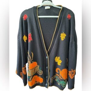 Basic Editions Black Cardigan with Colorful Autumn Pattern